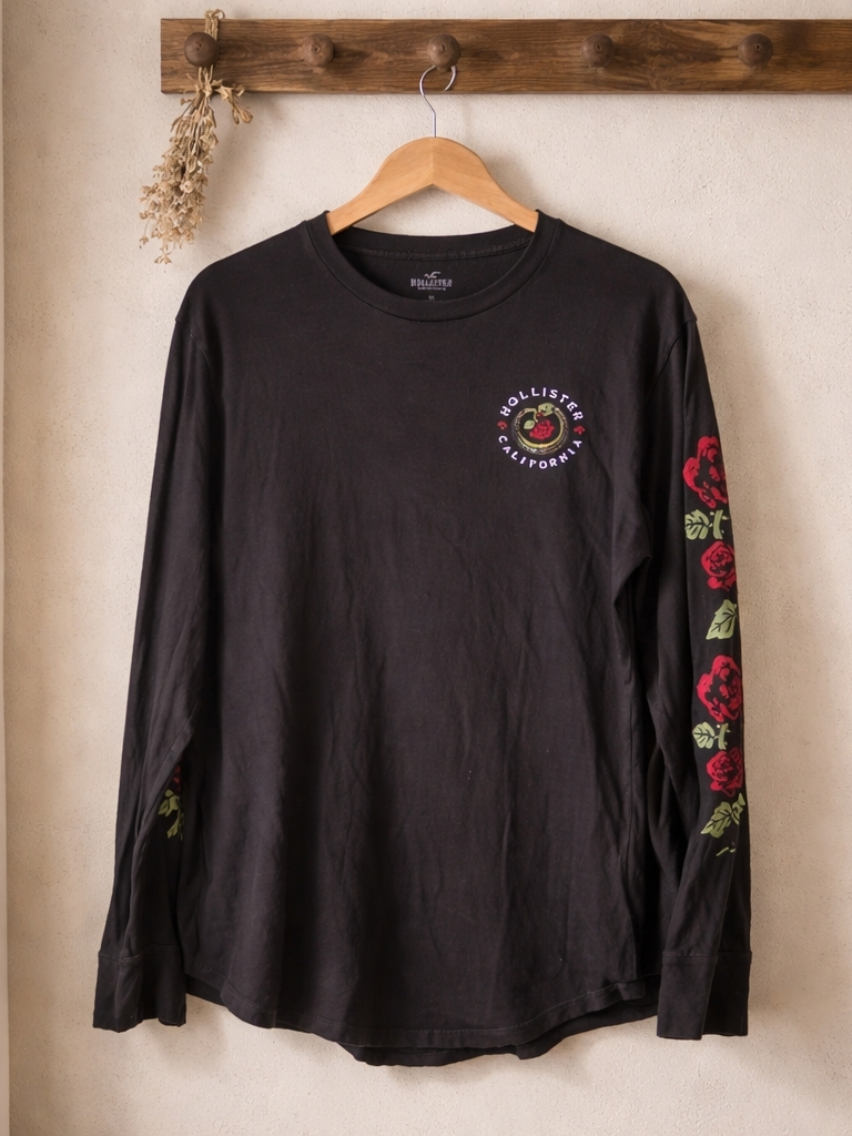 Hollister Black Long-Sleeve Graphic Tee With Red Rose Sleeve